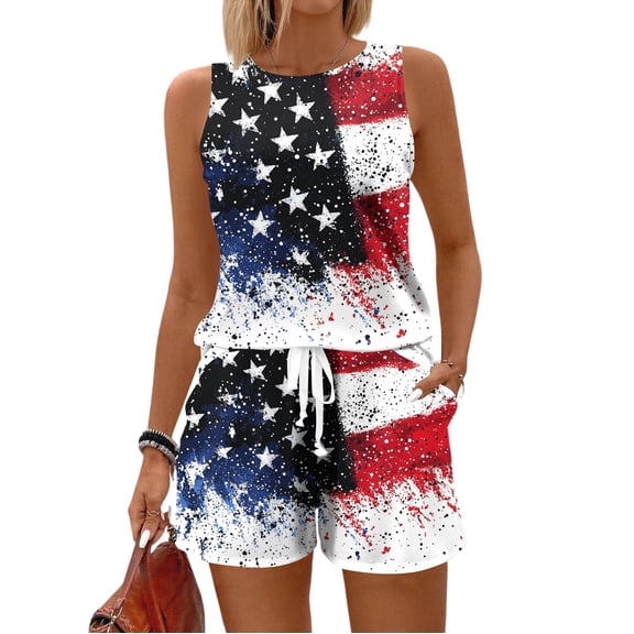 WTOBBY Women's Summer Color Block Print Two Piece Set Vest Sleeveless Top and Shorts Outfit Retro Style for Casual Fashion and Independence Day Themes ,Black L