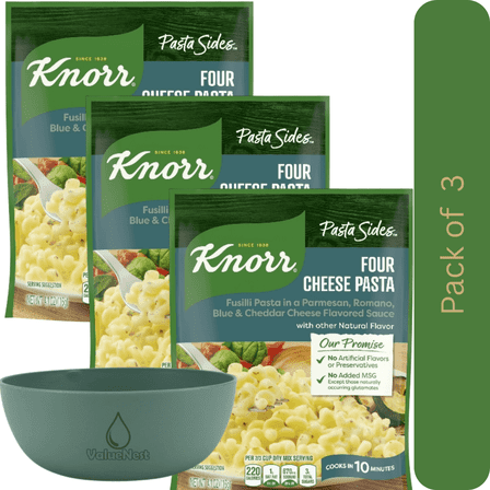 Knorr Pasta Sides Four Cheese Fusilli Pasta, 4.1 oz Pouch, Pack of 3 with Bowl by Value Nest