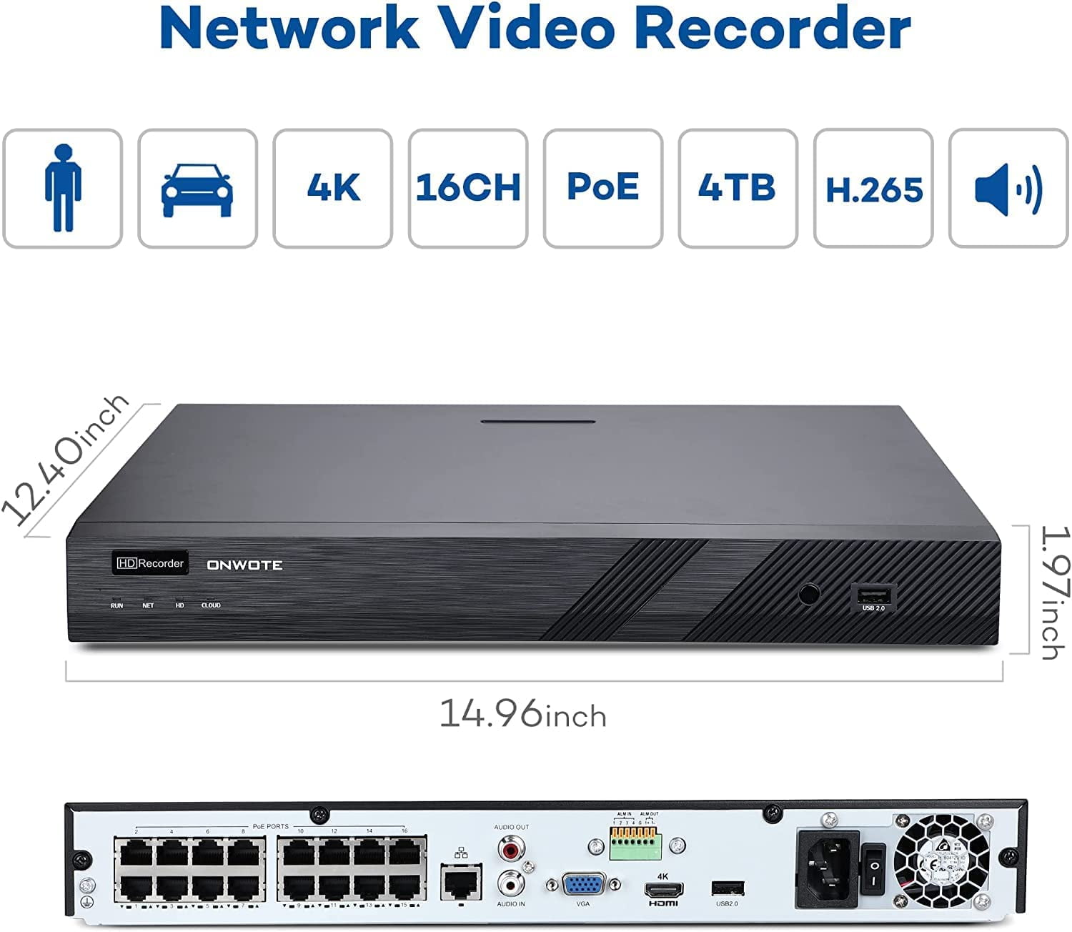 ONWOTE 16 Channel 4K 8MP PoE Security Camera System, AI-Human-Detection, 16CH 8MP NVR with 4TB HDD for 24/7 Recording, 8pcs Commercial 4K PoE IP Cameras Wired with Audio, 2-Storage-Bay
