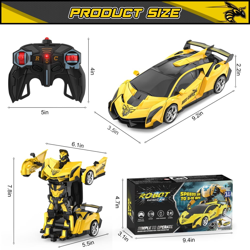 Wupuaait 2.4Ghz Transform Rc Cars 1:18 Scale Remote Control Car Transforming Robot, One-Button Deformation 360° Rotation Car Toy Gifts for Boys 3-12, Bee