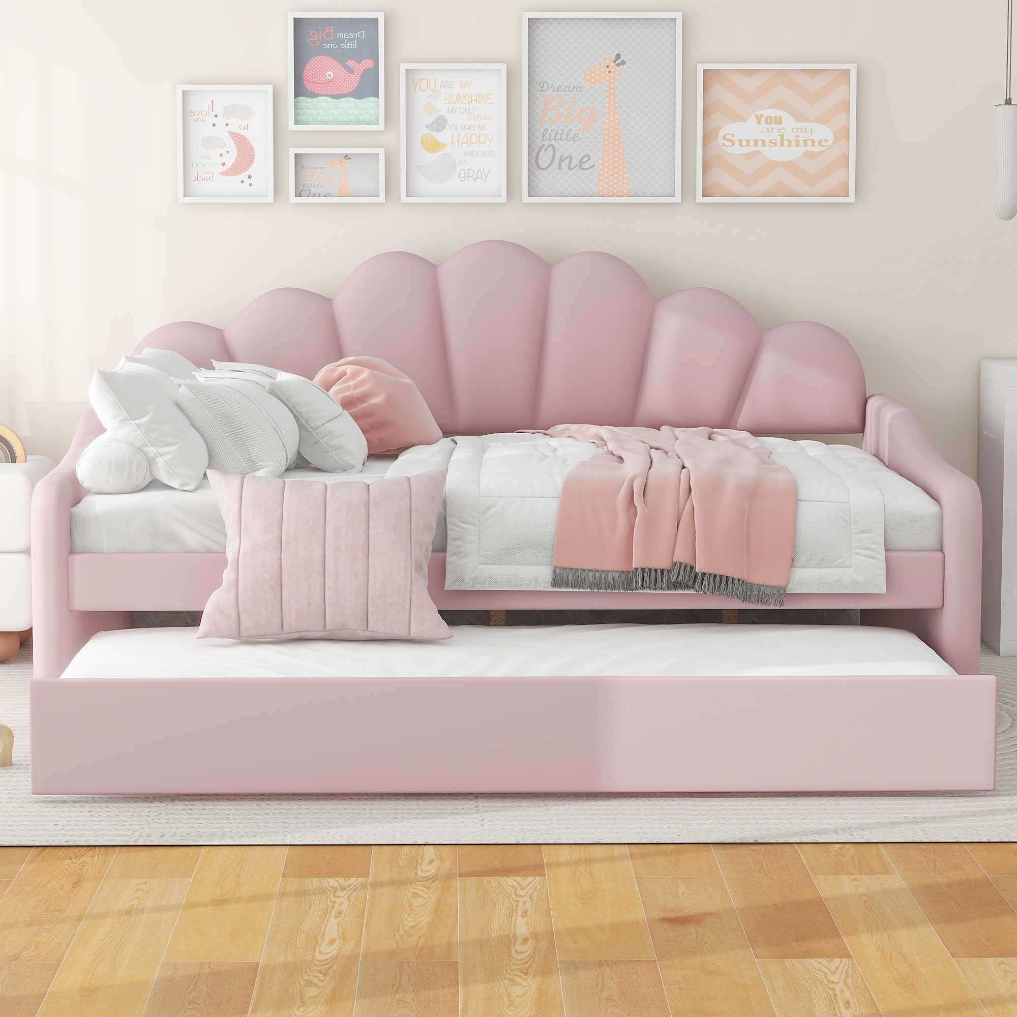 EUROCO Upholstery Full Size Platform Bed, Upholstery Daybed with Headboard and Trundle for Kids,Pink
