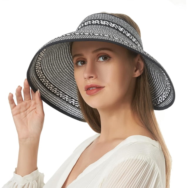 Women Sun Visors Foldable Straw Hats Summer Beach Packable Hat Floppy Wide Brim Cap Deep Style, Adjustable Size