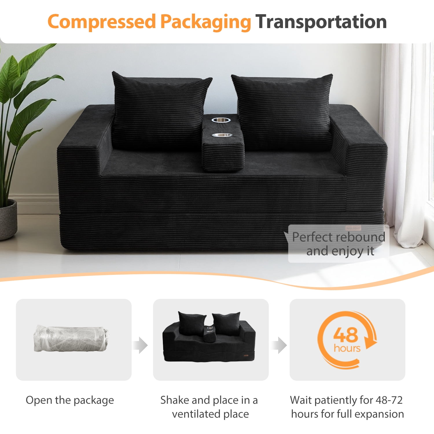 BYBYME Convertible Sofa Bed,Folding Lounger 4-in-1 Boneless Sofa with 2 Pillows and Cup Holder,Floor Sofa for Small Spaces Such as Living Rooms,No Assembly Required,Loveseat,Black