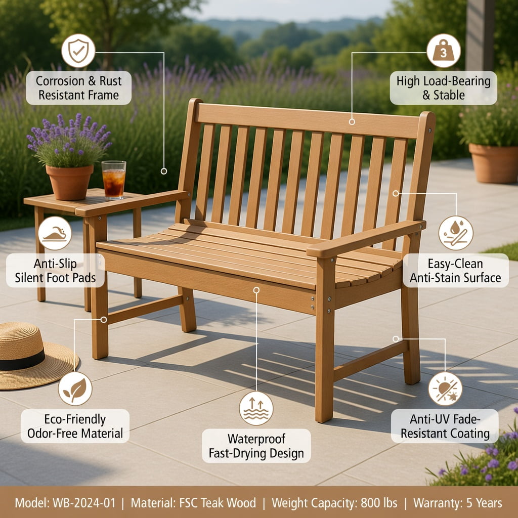 Hommoo 52" All-Weather HDPE Outdoor Bench with Backrest & Armrests, Weather-Resistant Teak-Style Patio Seating for Porch, Garden, Backyard, Natural