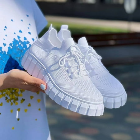 

Aueoeo Walking sneakers for women Flying Woven Round Toe Low-top Breathable Shoes Women s Lace-up Thick Bottom Mesh Sneakers