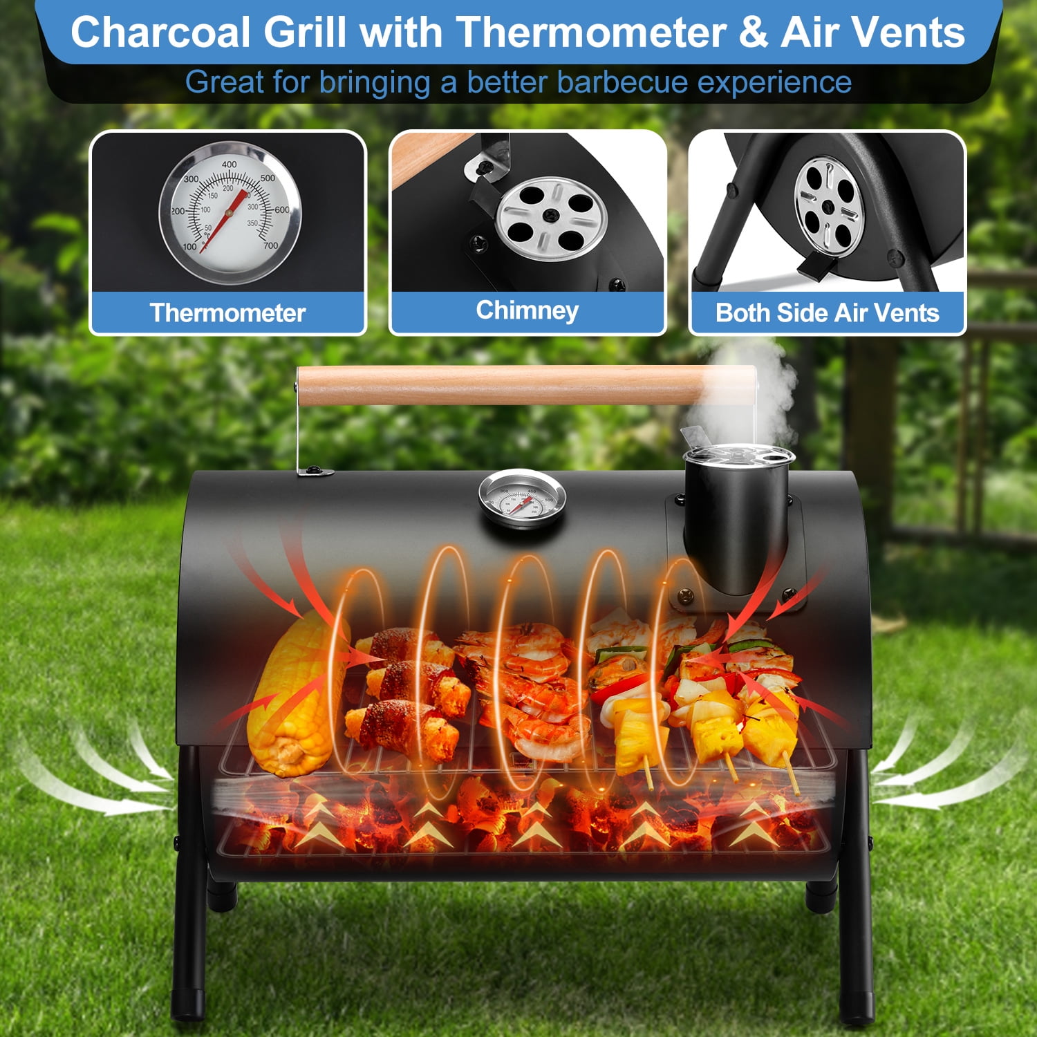 Walchoice Portable Charcoal Grill Set of 23, Small Tabletop Barbecue Grill with Grilling Accessories for Outdoor Cooking Camping Backyard Beach, Thermometer & Chimney, Black