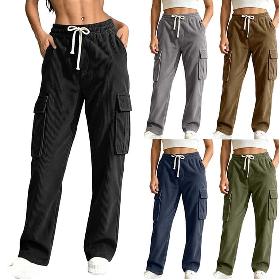 Sweat Pants for Womens Women's Fashion Solid Color Cargo Straight-Leg Pants With Multiple Pockets Elastic Waist Drawstring Black Xl