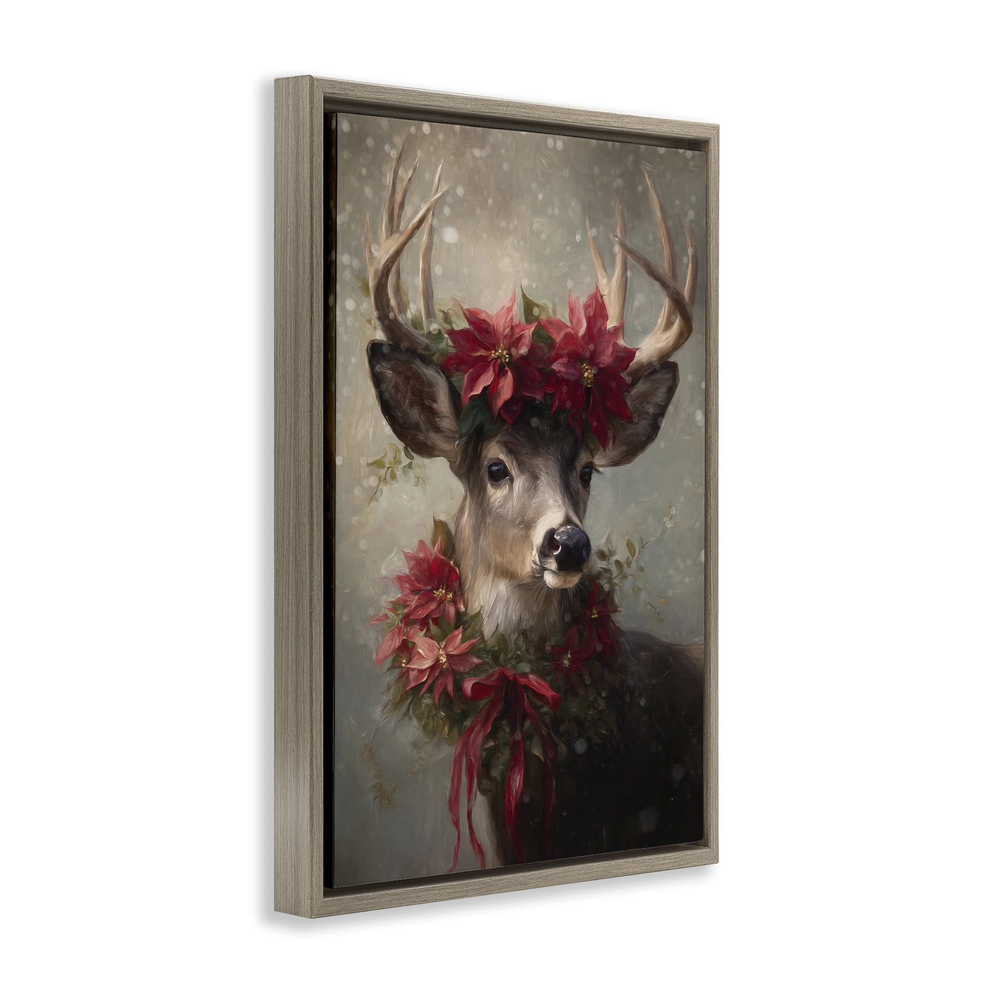 Stupell Industries Poinsettia Christmas Deer Brown Framed Floater Canvas Wall Art, design by Tina LeCour