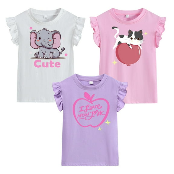 Little Hand Cat Graphic T-Shirt for Girls Short Sleeve Toddler Girl Clothes Summer Cotton Fashion 3Pcs Size 3T