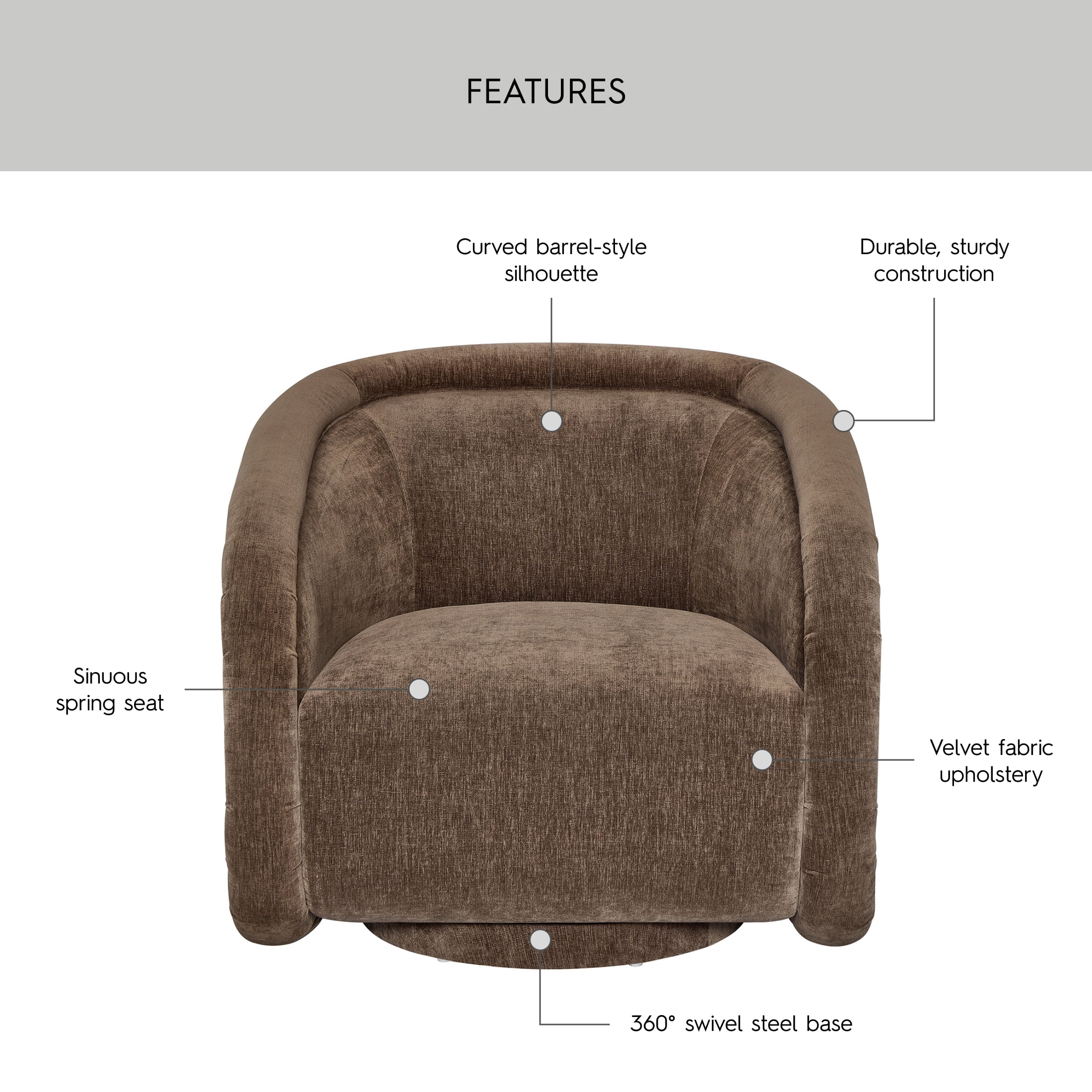 Better Homes & Gardens Sienna Modern Swivel Chair, Coffee Velvet Fabric