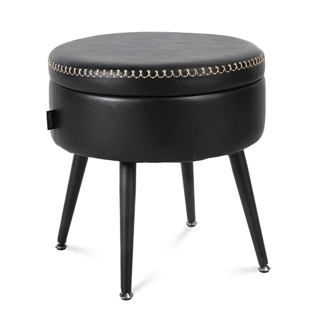 Round Faux Leather Storage Ottoman, Stitched Upholstered Vanity Stool with Steel Legs, Multi-Purpose Footrest Bench for Bedroom and Living Room