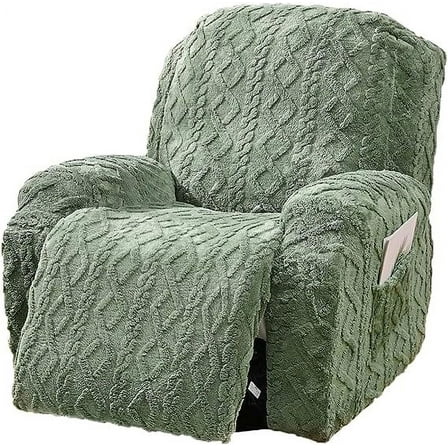 XmhyTop 4 Pieces Geometric Jacquard Plush Recliner Slipcovers Soft Fuzzy Fluffy Sofa Couch Cover Anti-Slip Furniture Protector with Elastic Bottom for Kids Cats Dogs(Green,1 Seat)