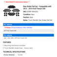 thumbnail image 2 of Rear Brake Pad Set - Compatible with 2015 - 2019 Ford Transit-250 2016 2017 2018, 2 of 2