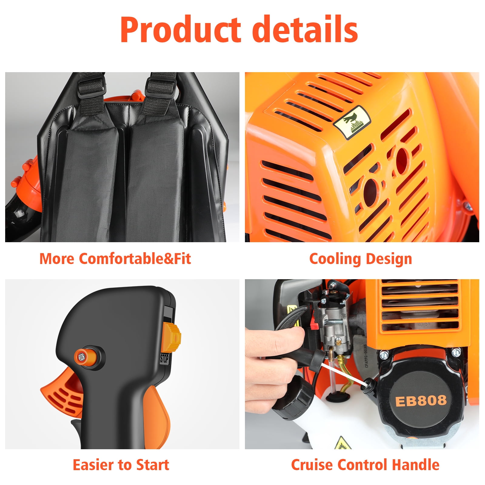 Backpack Gas Leaf Blower 43CC, 665CFM 2800 RPM 2 Stroke Grass Lawn Blower Air Cooling Gasoline Backpack Grass Blower with Air-Cooled, Snow Blower for Outdoor