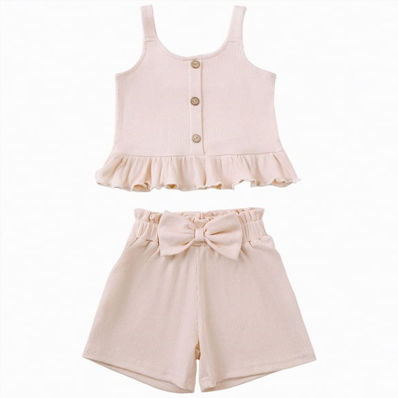 CAUYDY Baby Girl Summer Clothes Set 0 6 12 18 24 Months 2T 3T Print Short Sleeve Crew Neck T-Shirts and Elastic Waist Shorts 2Pcs Outfits For 1t 2t 3t 4t 5t 6t (Sizes 12-18 Months,D01-Beige)