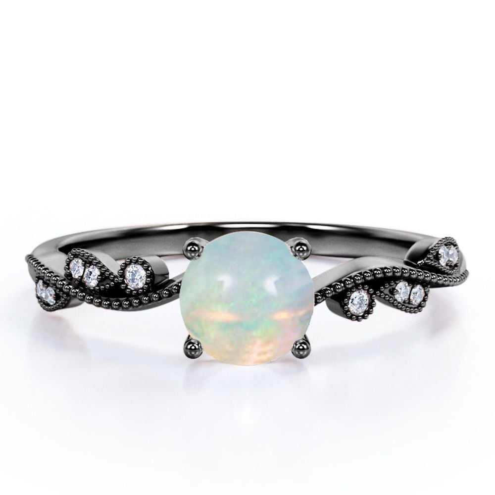 JeenMata Curved Band - 1.10 Carat Round Brazilian Opal And Moissanite - Milgrain Filigree - Prong Set Engagement Ring - 18K Black Gold Plating Over Silver