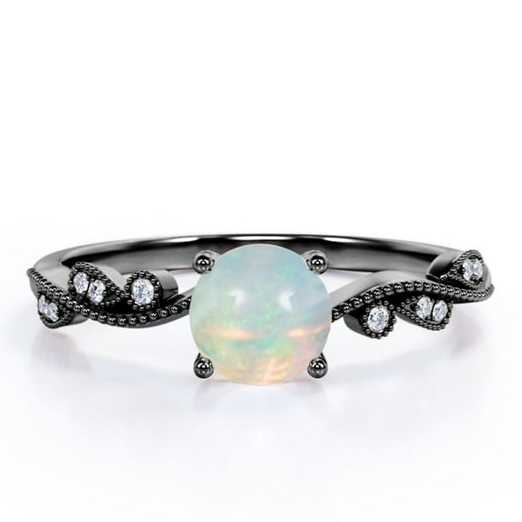 JeenMata Curved Band - 1.10 Carat Round Brazilian Opal And Moissanite - Milgrain Filigree - Prong Set Engagement Ring - 18K Black Gold Plating Over Silver