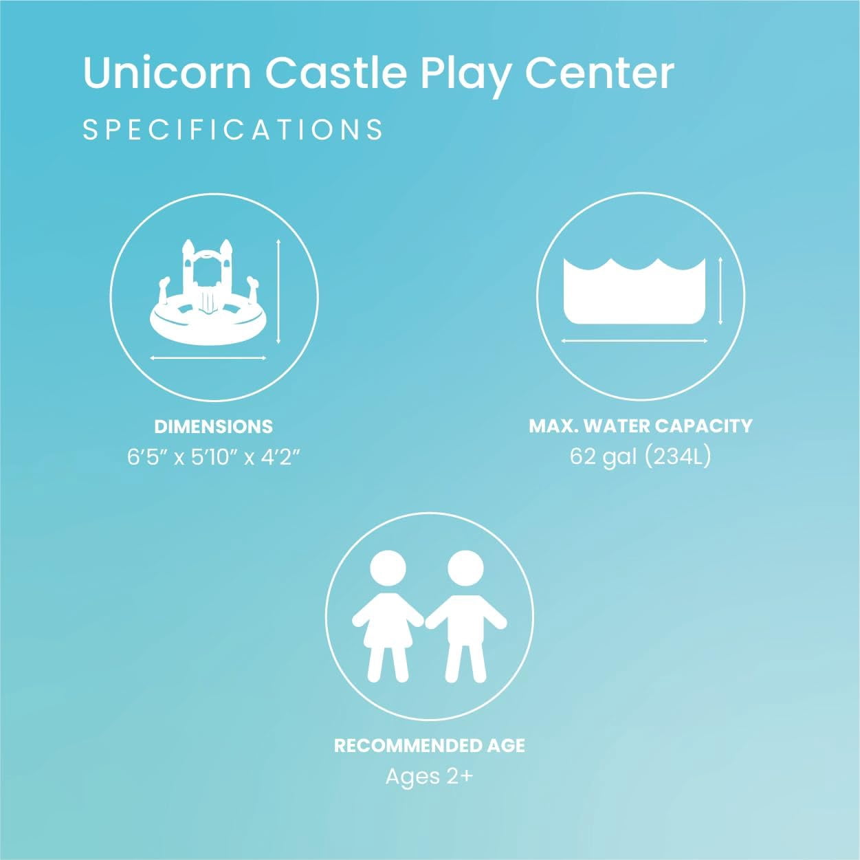 56148EP Unicorn Castle Inflatable Kiddie Pool: Inflatable Kids Pool with Water Sprayer and Slide - Splash Pad - 77" x 70" x 50" - Ages 3+