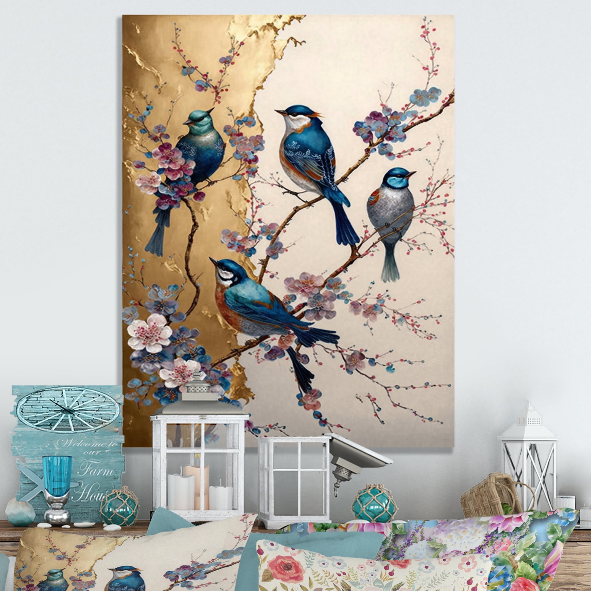 Designart Multicolor Birds On Plum Blossoms Tree II Canvas Wall Art