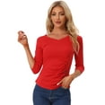 thumbnail image 1 of Top acanalado de decoración de los botones de punto sólido de las mangas del cuello en V de las mujeres 3/4 Rojo XS, 1 of 5