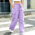 thumbnail image 4 of Hueook Pants for Women Drawstring Waist Cargo Pants Loose Fit Casual Trousers with Pockets Fall Purple M, 4 of 7