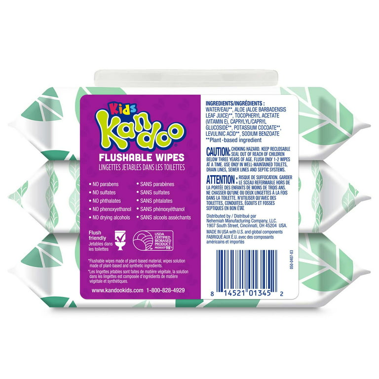 Kandoo Kids Sensitive Flushable Cleansing Wet Wipes, Potty Training Aid,  Fragrance Free, 144 Wipes 