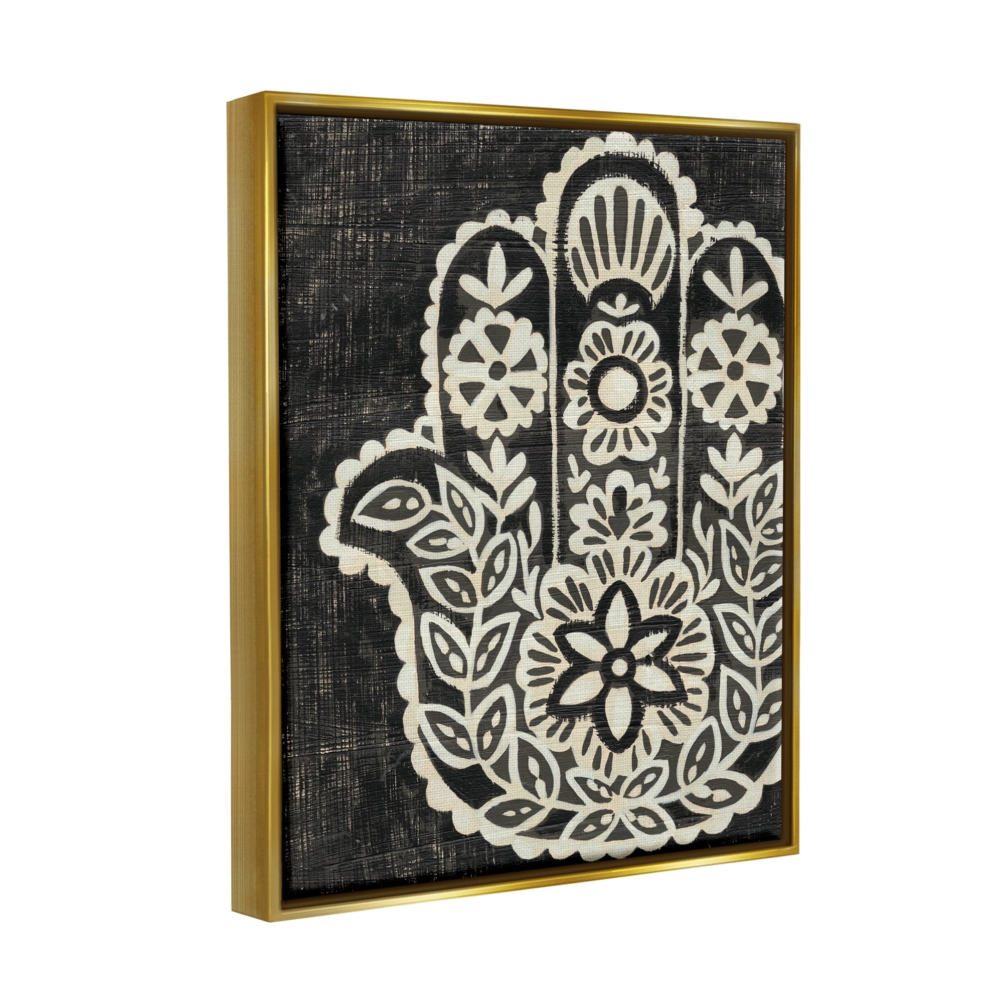 Stupell Industries Floral Pattern Black and White Hamsa Metallic Gold Framed Floating Canvas Wall Art, 16x20, by Chariklia Zarris
