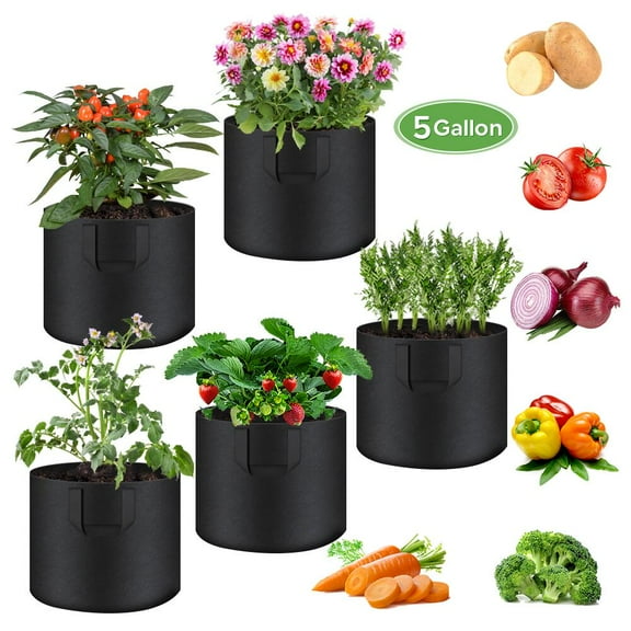 FGY 5 Gallon Grow Bags Fabric Pots with Handles for Potato Tomato and Vegetables (Black, 5-Pack)