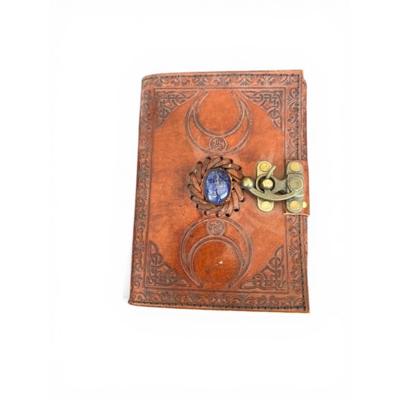 Handmade Leather Journal with Lock & Stone – White Drawing Paper Notebook, Vintage Embossed Diary, Sketchbook (5x7)