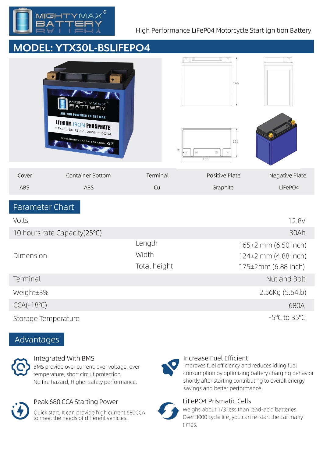 Mighty Max Battery YTX30L-BS LIFEPO4 - 12 Volt 30 AH, 680 CCA, Lithium Iron Phosphate (LiFePO4) Battery