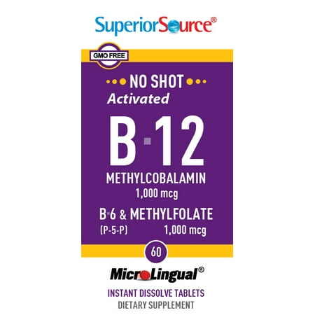 Superior Source No Shot Activated B-12 (Methylcobalamin) 1,000 mcg/ B-6 (as Pyridoxal-5'-phosphate) 2 mg/Methylfolate 1,000 mcg, MicroLingual® Tablets, 60