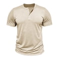 thumbnail image 3 of Domuza Mens Casual Short Sleeve Henley Shirts Fashion Button Gym Workout Athletic Tees Khaki L, 3 of 5