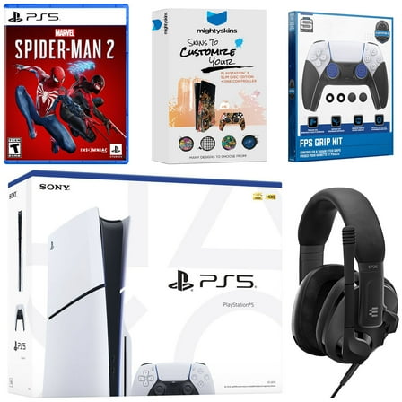 Sony PlayStation 5 Slim Disc Bundle with Spider-Man 2, EPOS Headset, FPS Grip Kit and MightySkins Code
