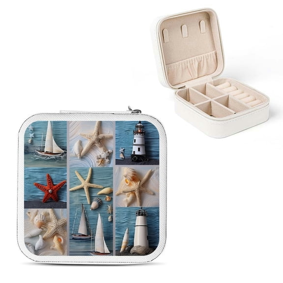 Autua Seashells Starfish Lighthouse PU Leather Jewelry Box, Bridesmaid Gifts and Travel Essential for Necklace, Ring, Earring Storage White