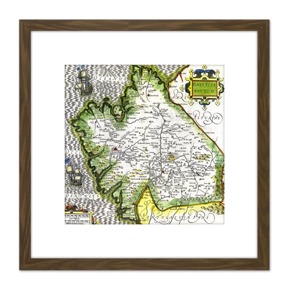 Map Antique Mercator 16th Century Galicia Old Replica 8X8 Inch Square Wooden Framed Wall Art Print Picture with Mount