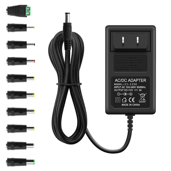 LujingZ 12V 3A Power Supply Adapter - 36W AC/DC Charger with 10 Tips for 12V Security Cameras, Speakers & More 100 - 240V Input