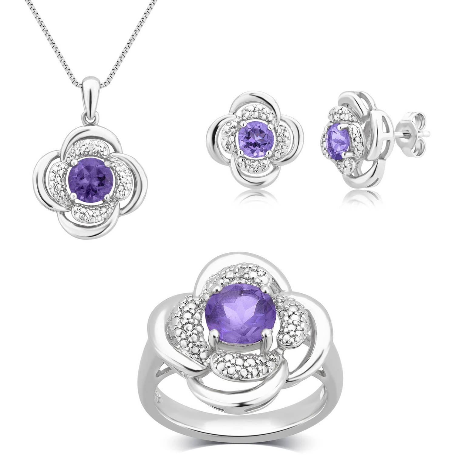 Round White Diamond Accent and Amethyst Silver-Tone Brass Ring, Earrings and Pendant Set, 18" by Unique Designs Inc.