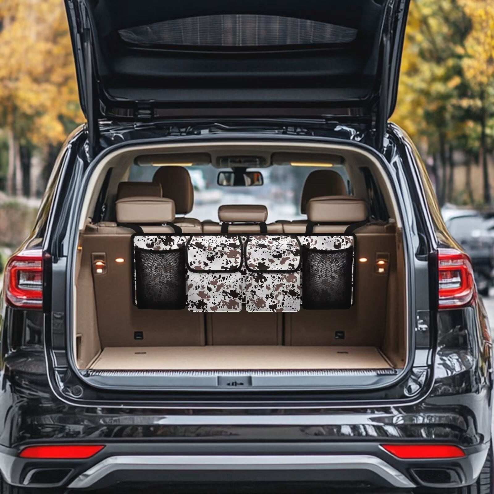 KUIFORTI Small Trunk Organizer Bag Cow Print Car Backseat Trunk Organizer - Auto Hanging Seat Back Storage - Multipurpose Cargo Accessory - Space Saving Facilitator for SUV, Hatchback, Crossover, Van