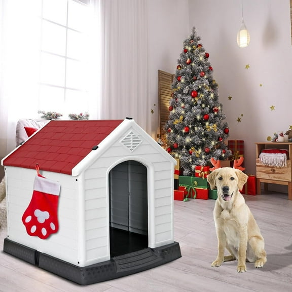 Plastic Dog House Outdoor Indoor Doghouse Puppy Shelter Water Resistant Easy Assembly Sturdy Dog Kennel with Air Vents and Elevated Floor (27''L*25.6''W*27''H, Red)