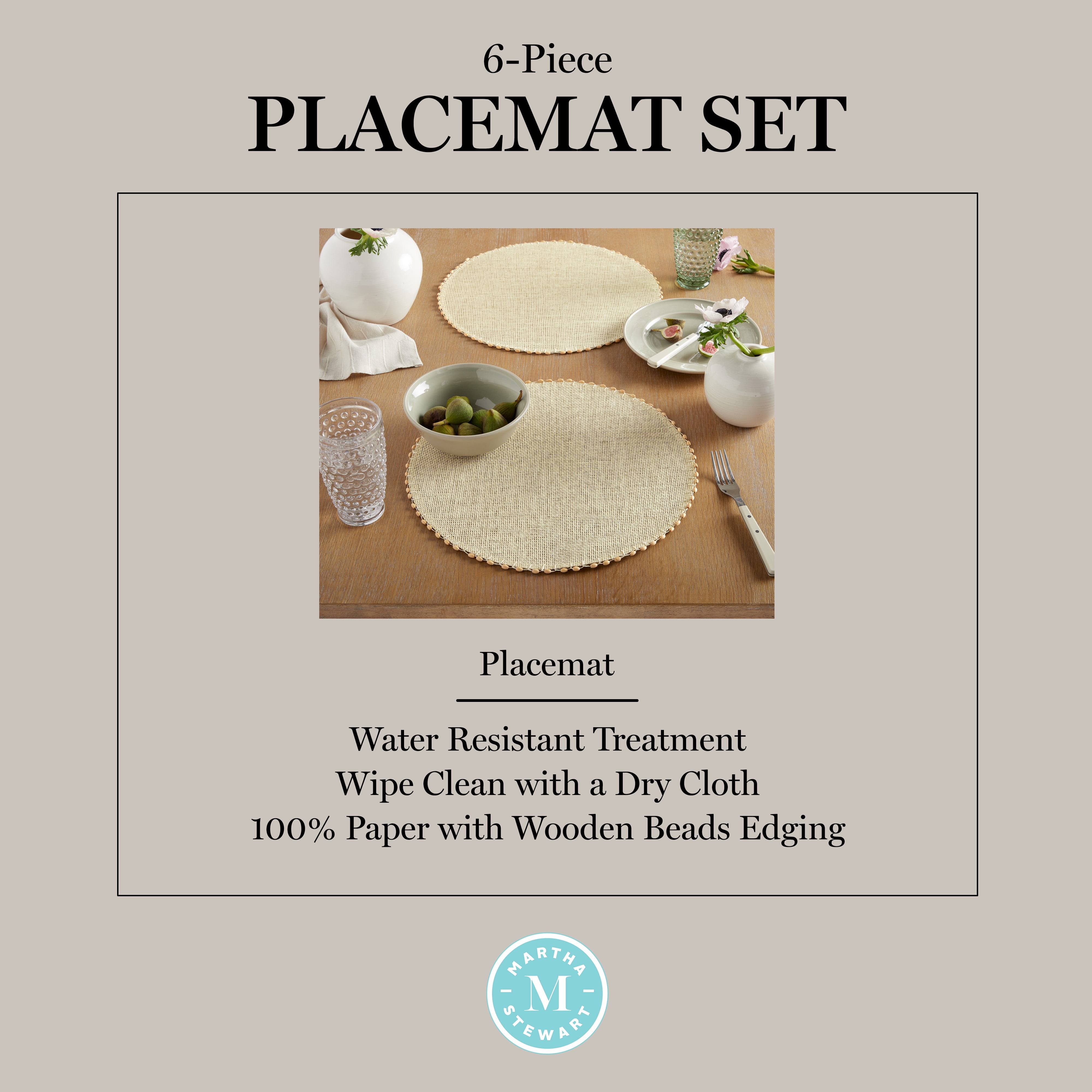 Martha Stewart Woven Water Resistant Lindos Fabric Placemat Set 6-Pack, 15" Round, Beige