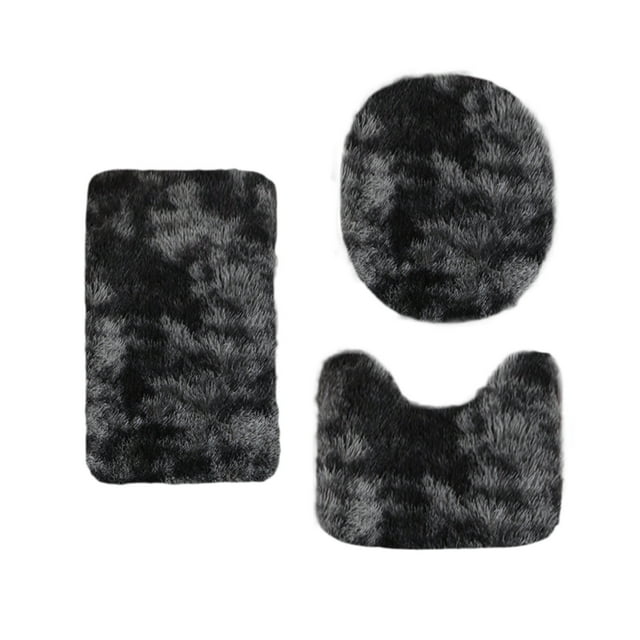 Black 3-Piece Bath Mat Set Thick Toilet Rug With U-Shape Cover And Lid Soft Water Absorbent Non-Slip Carpet For Bathroom Winter Use 40X38In + 40X50In + 40X60In 4.2Lb