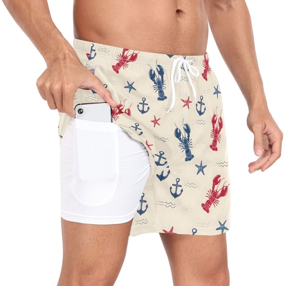 joogoo Men's Anchors Starfish Lobsters Swim Trunks with Liner Pocket Beach Shorts L