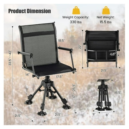 LaYelxt Swivel Hunting Chair 360 Degree Folding Hunting Blind Chair with Adjustable Height Arm Rest Telescopic Legs & Feet 330 LBS Silent Outdoor Ground Blind Seat for Deer Hunting Fishing