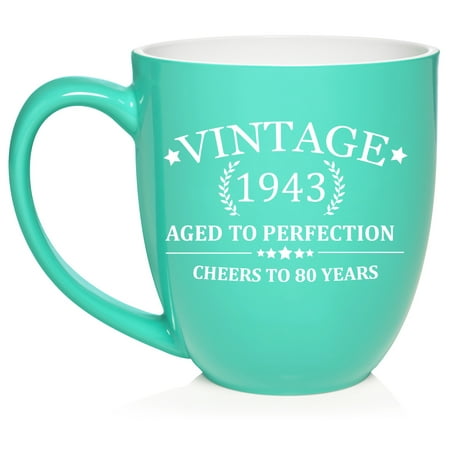 

Cheers To 80 Years Vintage 1943 80th Birthday Ceramic Coffee Mug Tea Cup Gift for Her Him Men Women Mom Dad Grandma Grandpa Party Favor Friend Husband Wife Anniversary (16oz Teal)