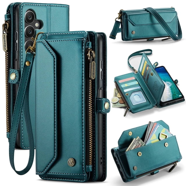 Funda tipo cartera para Samsung Galaxy A16 con bloqueo RFID, tarjetero, cremallera y ranura para billetes, correa de hombro magnética de piel sintética suave para Samsung Galaxy A16