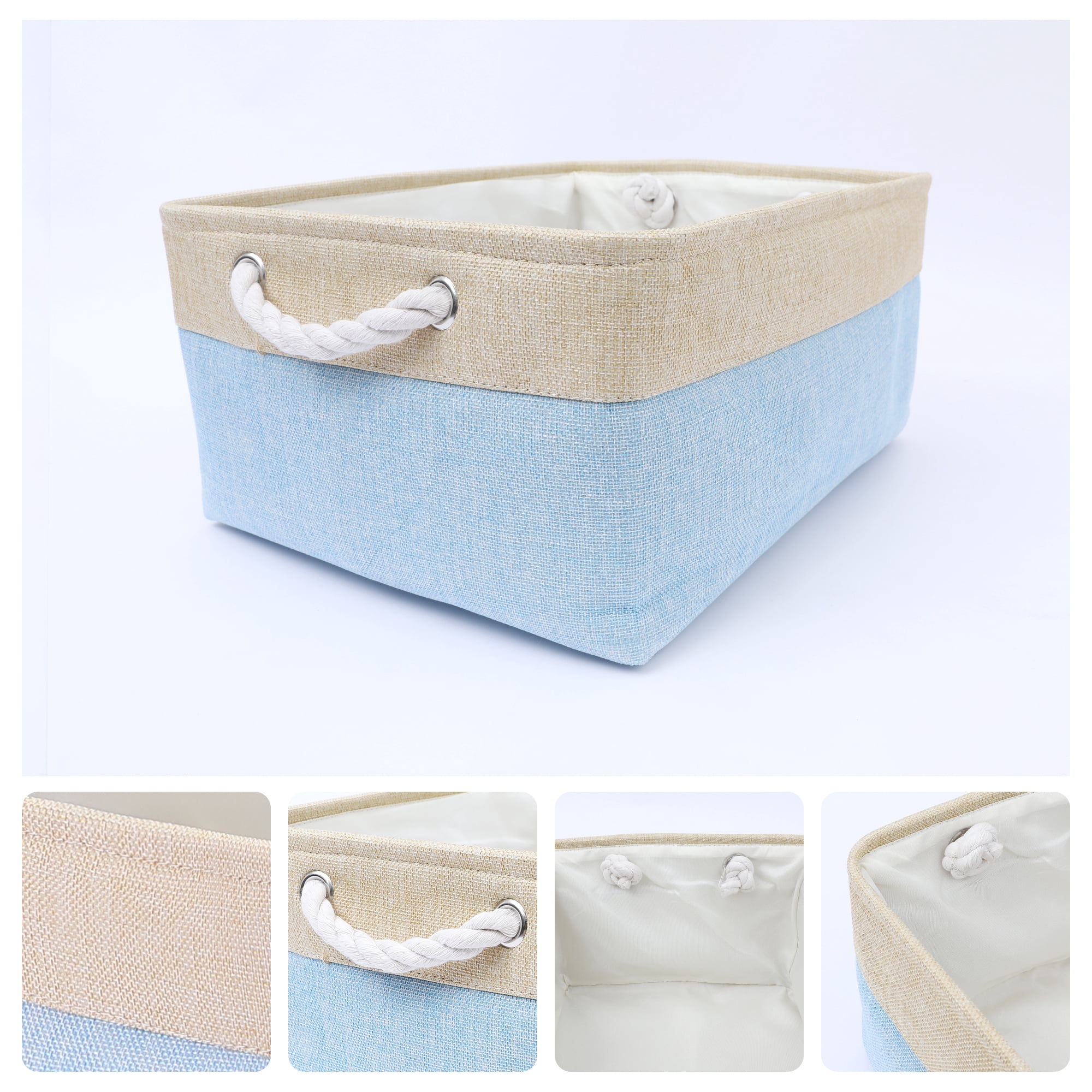 Unique Bargains Storage Bin with Handle Fabric Cube Light Blue/Brown 14*10*6.5in