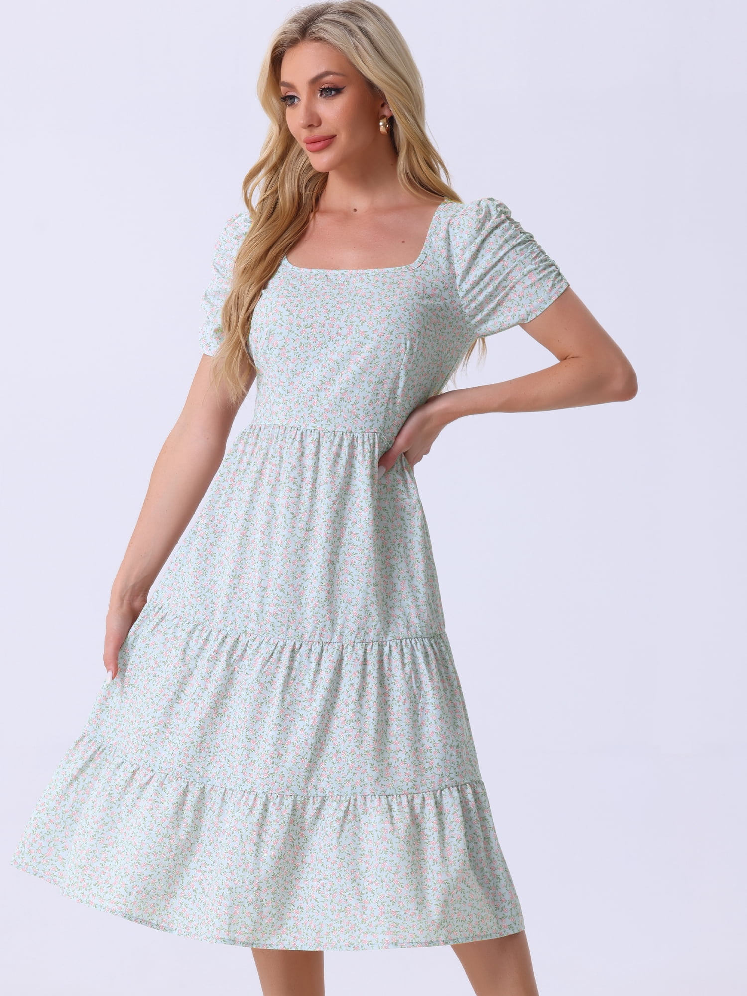 DARING DIVA Women's Floral Puff Short Sleeves Midi Dresses M Light Blue