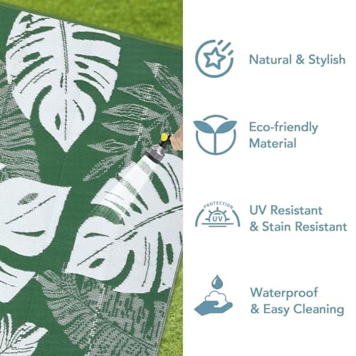 Ataucjin Large Outdoor Rug,8*12ft Waterproof Plastic Straw Rug, Modern Tropics Palm Leaves Camping Rug for Patio, Reversible Mat for Outside Patio RV Porch Deck Balcony