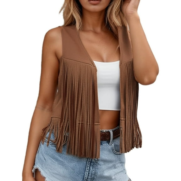 Women's Tassel Fringe Vest Sleeveless 70s Hippie Trim Western Cowgirl Jacket Open Front Country Concert Cardigan