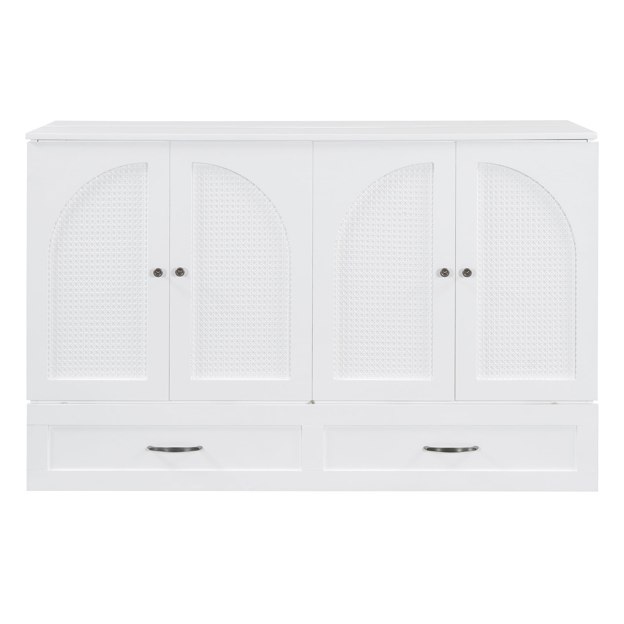 Mintazer Queen Murphy Bed with Rattan Cabinet & Storage Drawer, Modern Foldable Cabinet Bed with USB Port for Bedroom Apartment Guest Room, White